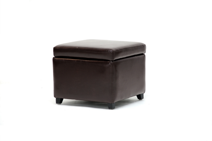 Linden Brown Leather Small Storage Cube Ottoman with Safety Hinge